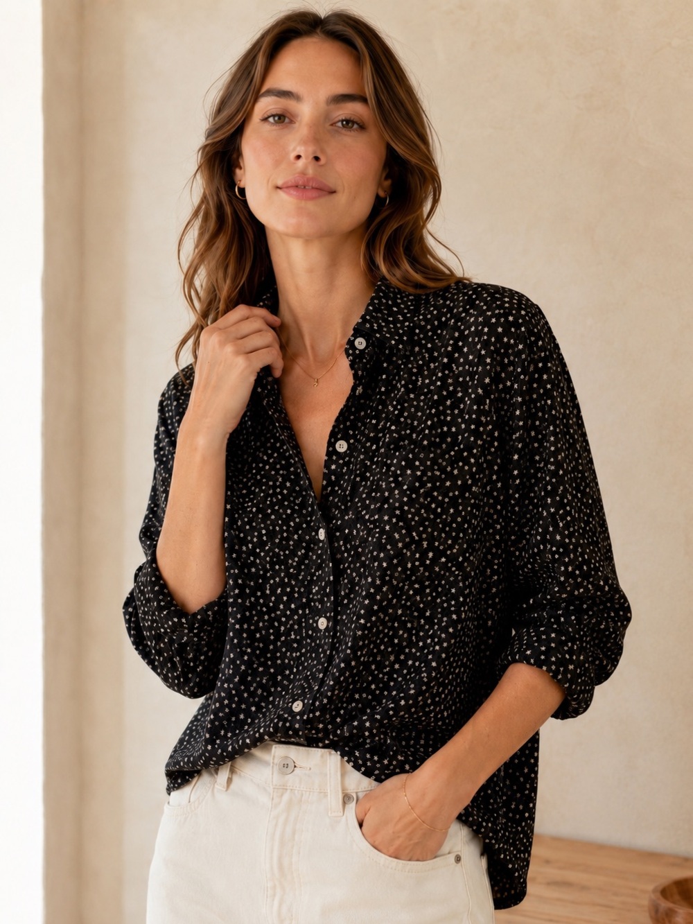 Vince Stretch Silk Polka Dot Blouse Black Button Down XS